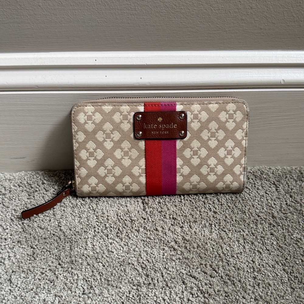 Kate Spade Beige Wallet with Red and Pink Stripe